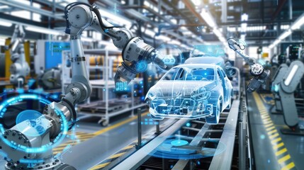 A futuristic depiction of a car factory where robotic arms are equipped with advanced sensors, interacting with a dynamic digital interface that maps out the entire production workflow