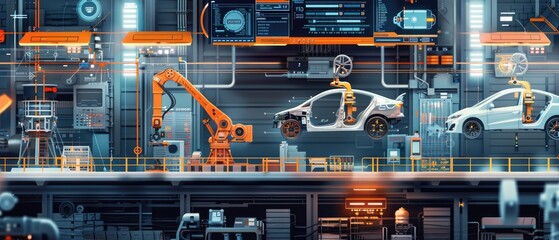 Scene inside a car manufacturing plant, with robot arms assembling vehicles on a production line. Above the assembly line, a dynamic data interface displays automation statistics and efficiency metric