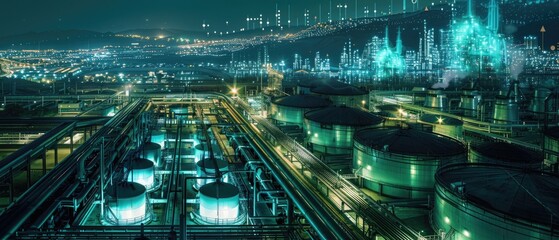 Industrial facility at night, with storage tanks and sprawling pipelines under the glow of blue and green digital data analytics, illustrating efficiency and performance metrics.