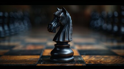 Knight’s Stand: A Close-Up of a Chess Piece on Wooden Board