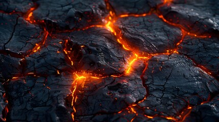 Dramatic Volcanic Landscape with Glowing Lava Cracks on Dark Rough Surface