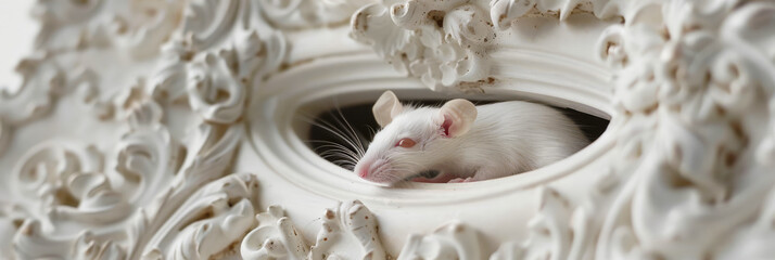 Hidden Observer: White Mouse Peeking from an Ornate Frame