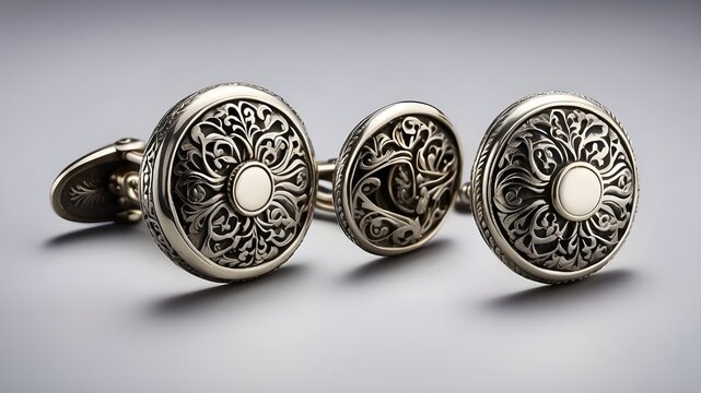 :A pair of antique Victorian-era cufflinks crafted from sterling silver and engraved with intricate designs,

