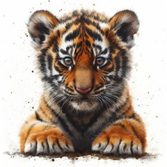 Fototapeta premium Young Bengal Tiger Cub Sitting With an Attentive Gaze Against a White Background