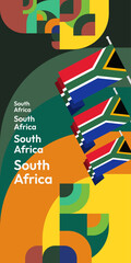 South Africa National Independence Day stand banner. Modern geometric abstract background in colorful style for South Africa day. South African Independence greeting card cover with country flag.
