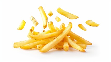 Delicious golden crispy french fries floating in the air, tasty fast food snack for sale