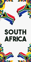 South Africa National Independence Day stand banner. Modern geometric abstract background in colorful style for South Africa day. South African Independence greeting card cover with country flag.