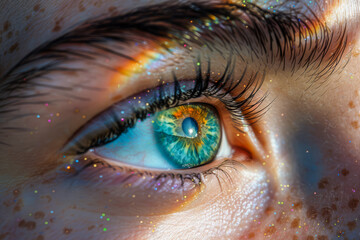 Macro Photography of a Human Eye with Rainbow Light Reflections