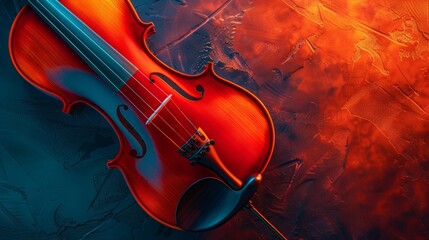 Striking violin on an abstract red and blue background radiates classical music charm