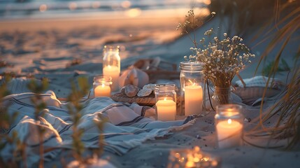 A beach picnic with schripms candles