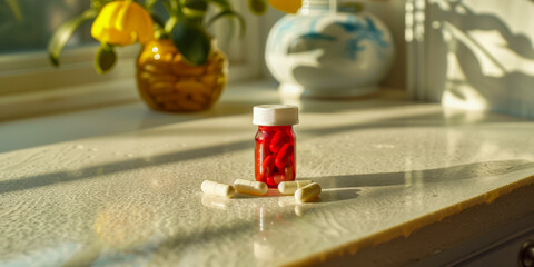 Sunlit Capsules and Pills on a Windowsill with Plant Shadows