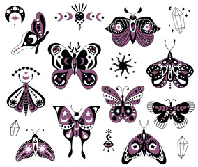 Mystical celestial butterflies and moths in boho style. Isolated cliparts on white background.	
