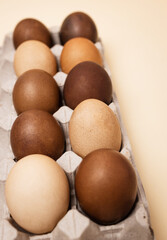 multi-colored beige-brown chicken eggs for Easter on a beige background.