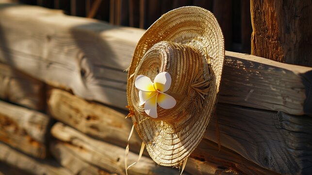 Old straw hat with an artificial flower hangs on a wooden fence on the street at the ethnographic village of Holloko in Hungary Europe close up : Generative AI