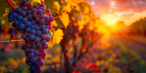 Sunset Over Vineyard with Ripe Grapes Ready for Harvest