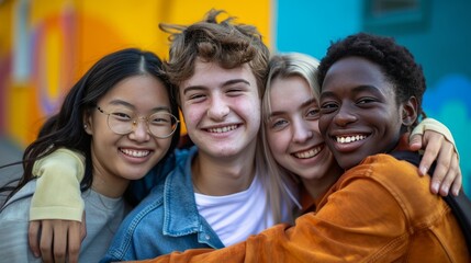 Multiethnic best friends. group of happy freshmen students embracing, multiracial friendship concept