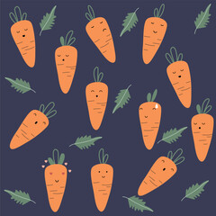 Cute hand drawn carrots and leaves pattern with face for kids. Cute fruit face expression Character. Vegetables background