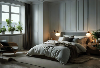 design modern bedroom style interior Scandinavian bedchamber aesthetic apartment bed greenery bedding bedside blanket comfortable contemporary cosy decor