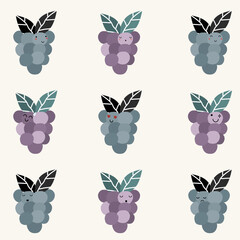 cute hand drawn grape with face expression character pattern. Cute fruit face expression Character. Pastel background