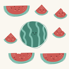 cute hand drawn watermelon with face expression character. Cute fruit face expression Character. Pastel background