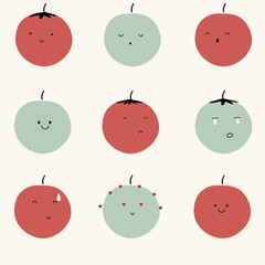cute hand drawn tomato with face expression character. Cute fruit face expression Character. Pastel  background