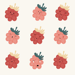 cute hand drawn raspberry with face expression character pattern. Cute fruit face expression Character. Pastel background