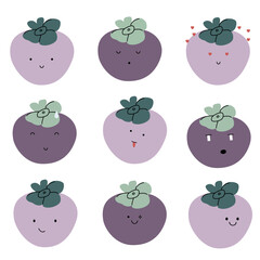 cute hand drawn mangosteen with face expression character pattern. Cute fruit face expression Character. Pastel background