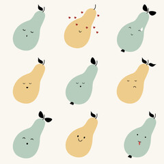 cute hand drawn Pear with face expression character pattern. Cute fruit face expression Character. Pastel background