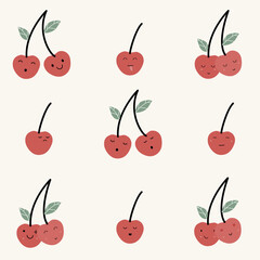 cute hand drawn cherry with face expression character pattern. Cute fruit face expression Character. Pastel background