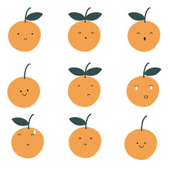 cute hand drawn orange with face expression character. Cute fruit face expression Character. Background