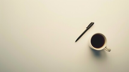 Cup of coffee with pen are on top of white desk table Top view with copy space flat lay :...