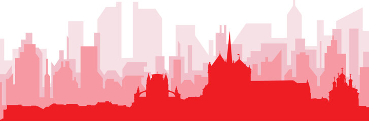 Red panoramic city skyline poster with reddish misty transparent background buildings of GENEVA, SWITZERLAND