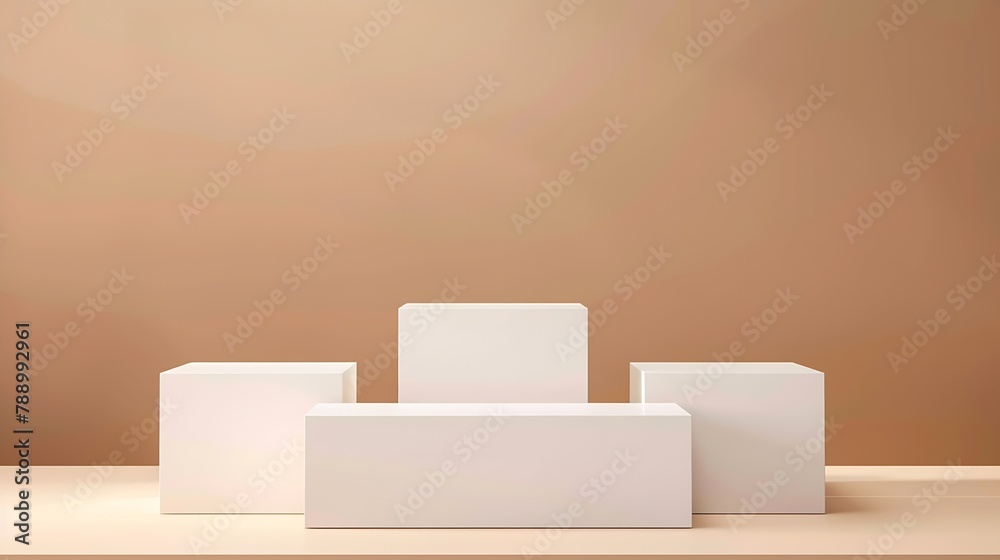Poster white square podiums for presentations on a brown background top view flat lay banner : generative a