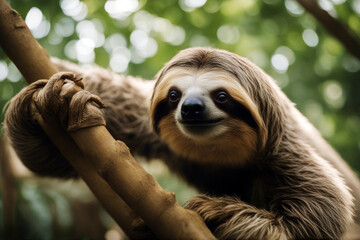 Naklejka premium Sloth rainforest rain fauna brown tropical forest toe moving jungle tropics wildlife amazon lazy eye tree central offspring mammal animal costa