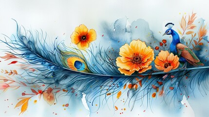 Watercolor style illustration for vishu with peacock feather and yellow flowers