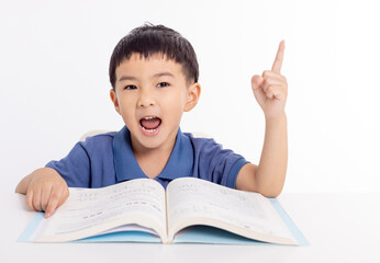 Excited asian child schoolboy studying  at home