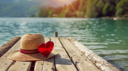 A red heart and a straw hat are lying on a wooden pier on the lake beautiful summer concept of a serene holiday