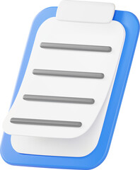 3D clipboard with white document paper icon, Blue Checklist clipboard and paper icon.