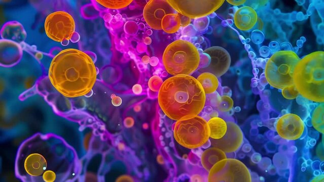 A colorful fluorescence microscopy image of multiple Euglenoids blooming in a water sample showcasing their vibrant hues and diversity. . AI generation.