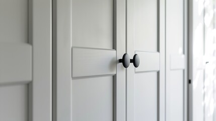 Minimal white closet or wardrobe with black doors handle Interior  object photo Closeup and selective focus at the knob handle : Generative AI