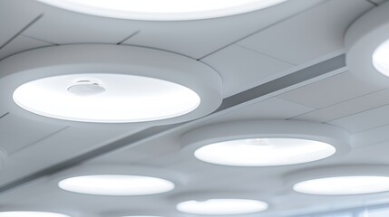 Suspended ceiling made of square plasterboard slabs with builtin round LED lighting Closeup details of the ceiling in the office and an autonomous fire detector : Generative AI