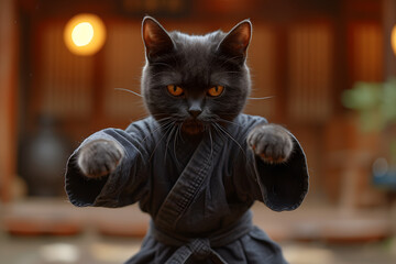 Black cat wearing a karate uniform in a defensive stance. Close-up pet portrait with blurred background. Martial arts and discipline concept for design and print. Intense gaze shot with place for text
