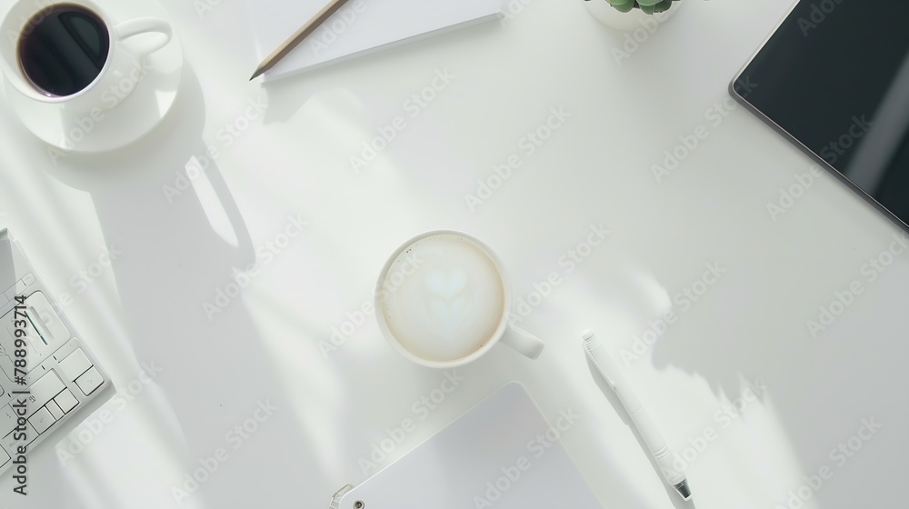 Aufkleber white office desk table with blank notebook computer supplies and coffee cup top view with copy spac