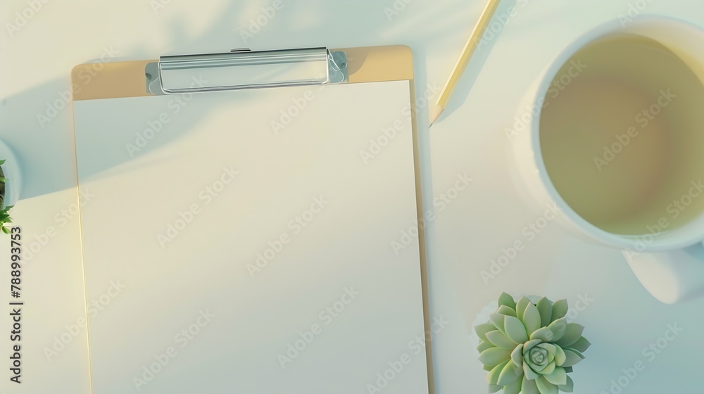 Poster white desktop with clipboard cup of tea pencil and succulent plant minimal flat lay top view mockup 