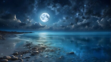 Fototapeta na wymiar Romantic Moon Over Sparkling Blue Water With Clouds And A Starry Sky