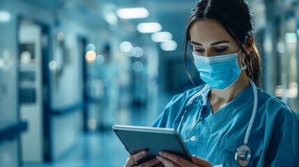 Nurse with a Mask on Using an Tablet