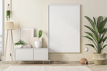 Scandinavian style living room with poster mockup created with generative ai