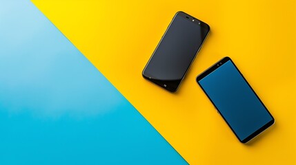 Copy space smart phones on blue and yellow background : Generative AI