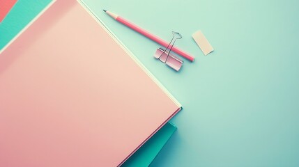 notebook paper pencil paper clip and sticky note on pastel office desk with copy space : Generative...