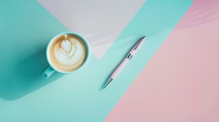 Pastel desk table with coffee and pen Top view with copy space flat lay : Generative AI
